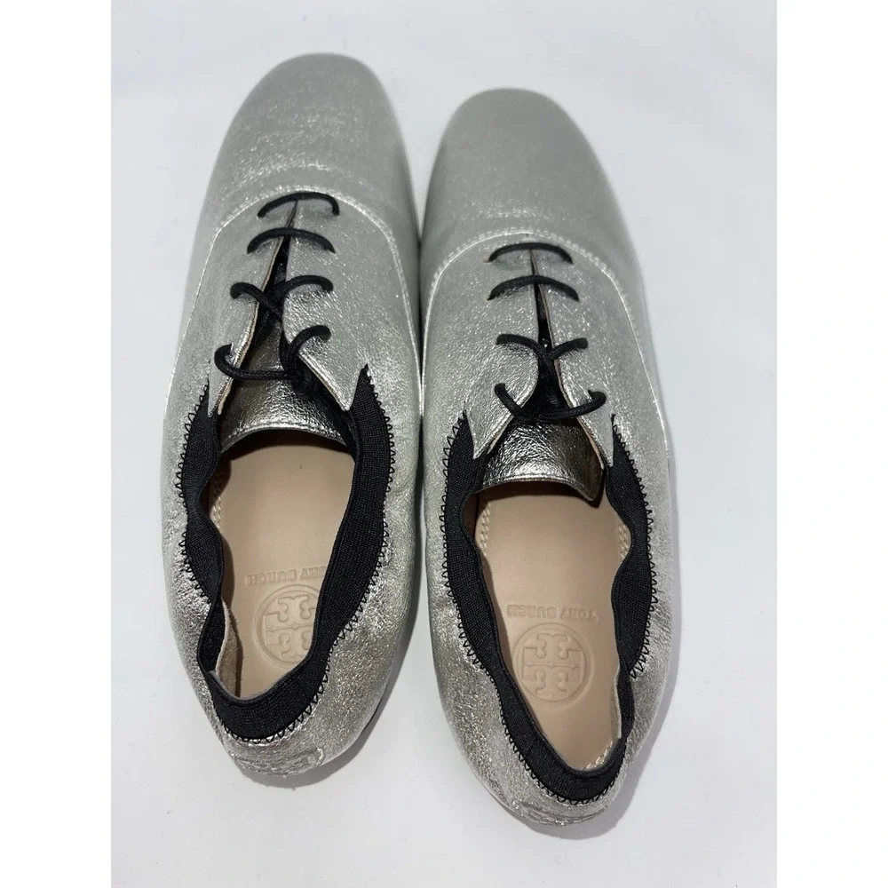 TORY BURCH Bombe Oxfords Lace-Up WOMENS SZ 8.5 Metallic Silver Black
